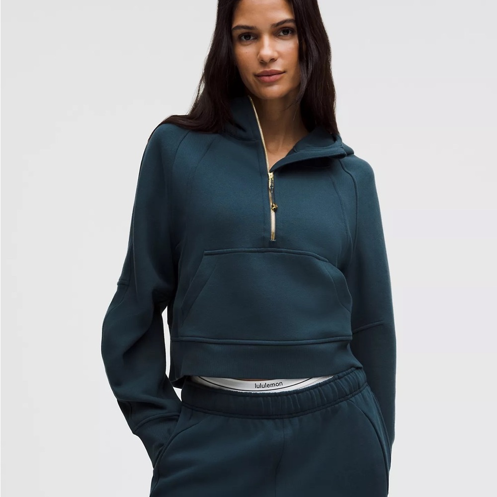 lululemon athletica Teal Cropped Half-Zip Hoodie with Gold Zipper